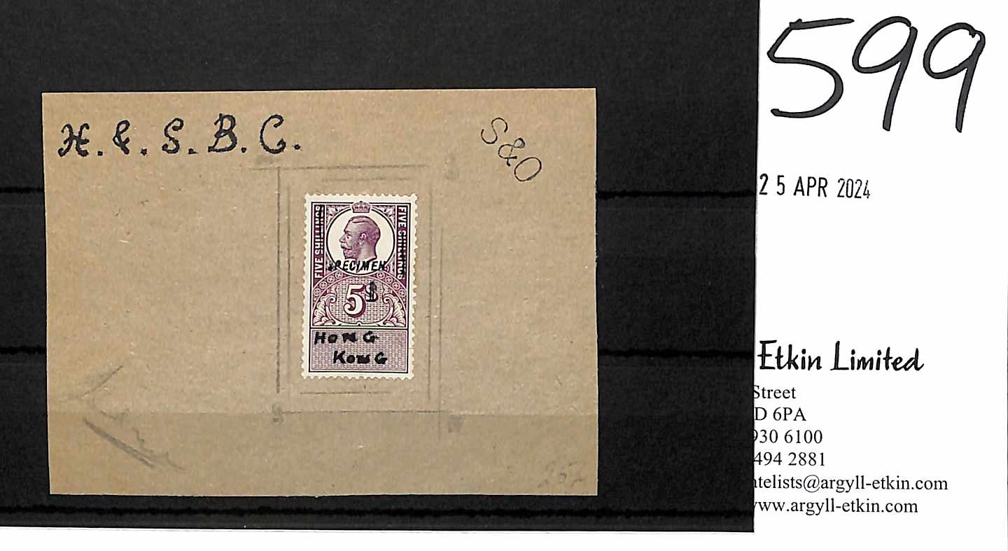 Revenues. c.1921 G.B KGV 5/- Key-Plate revenue with blank tablet at base, overprinted "SPECIMEN",