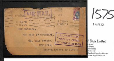 1954 (Dec. 21) Cover from Penang to New York franked $1, another stamp washed off, resealed at