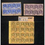 1908-11 Ordinary paper 2½d and 6d blocks of eight, 4d block of twenty, used on separate pieces