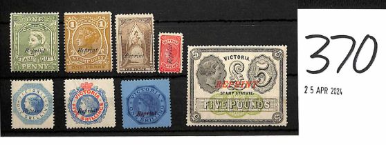 Victoria. 1891 Reprints of the 1852 Queen on throne 2d (perforated), 1859 1/-, 1865-67 1/- and