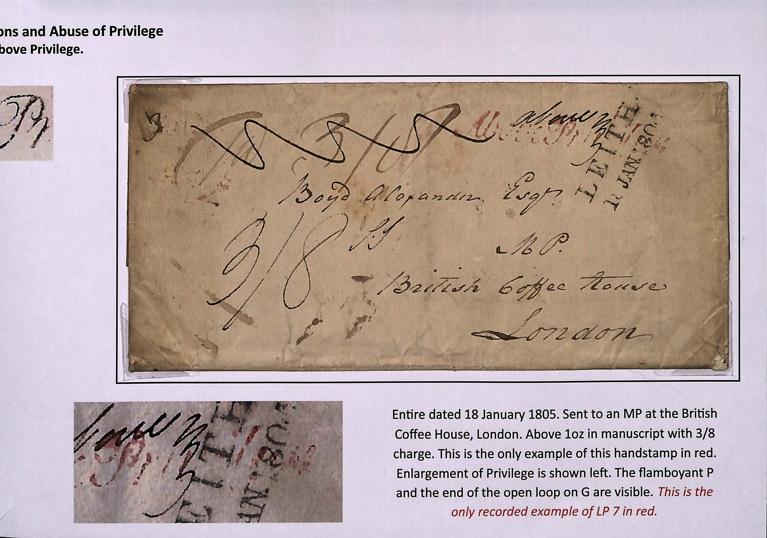 1805 (Jan 18) Entire letter from Leith to an M.P at the British Coffee House in London, "Pd 3/8"