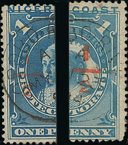 1894 Opobo River ½d provisional surcharges on bisected 1d blue stamps, surcharges on left half of 1d