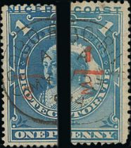 1894 Opobo River ½d provisional surcharges on bisected 1d blue stamps, surcharges on left half of 1d