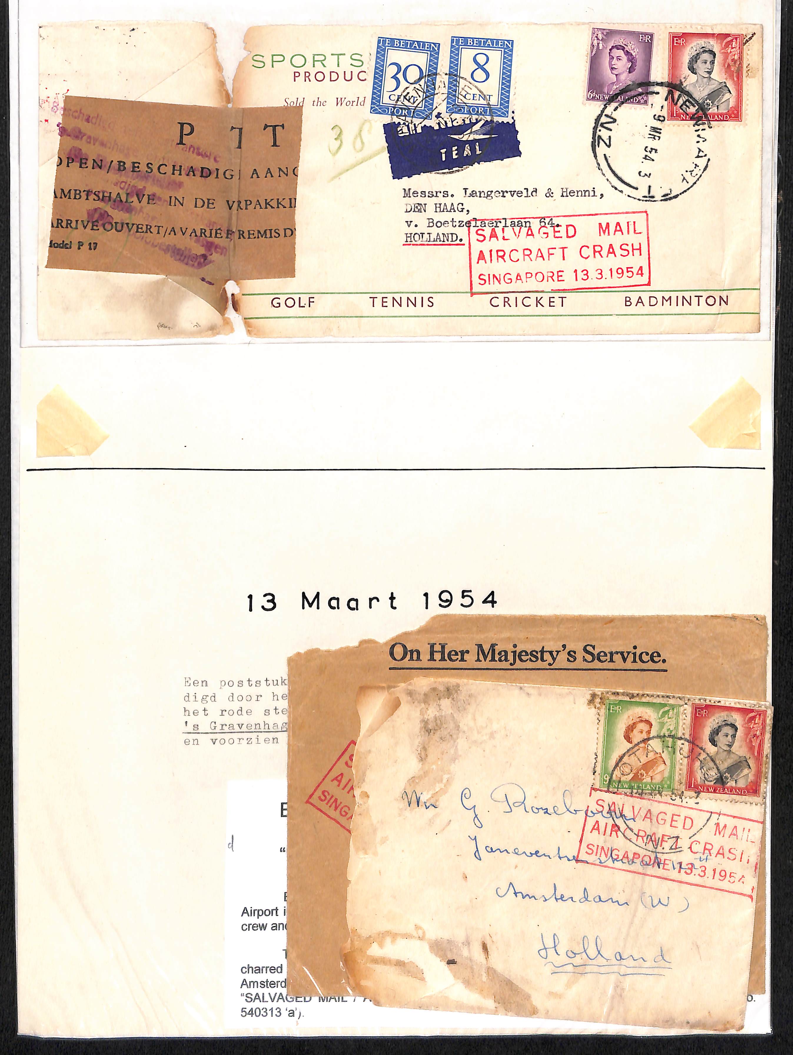 Netherlands - From New Zealand - Gravenhage cachet. 1954 (Mar. 9/10) Covers to Den Haag or