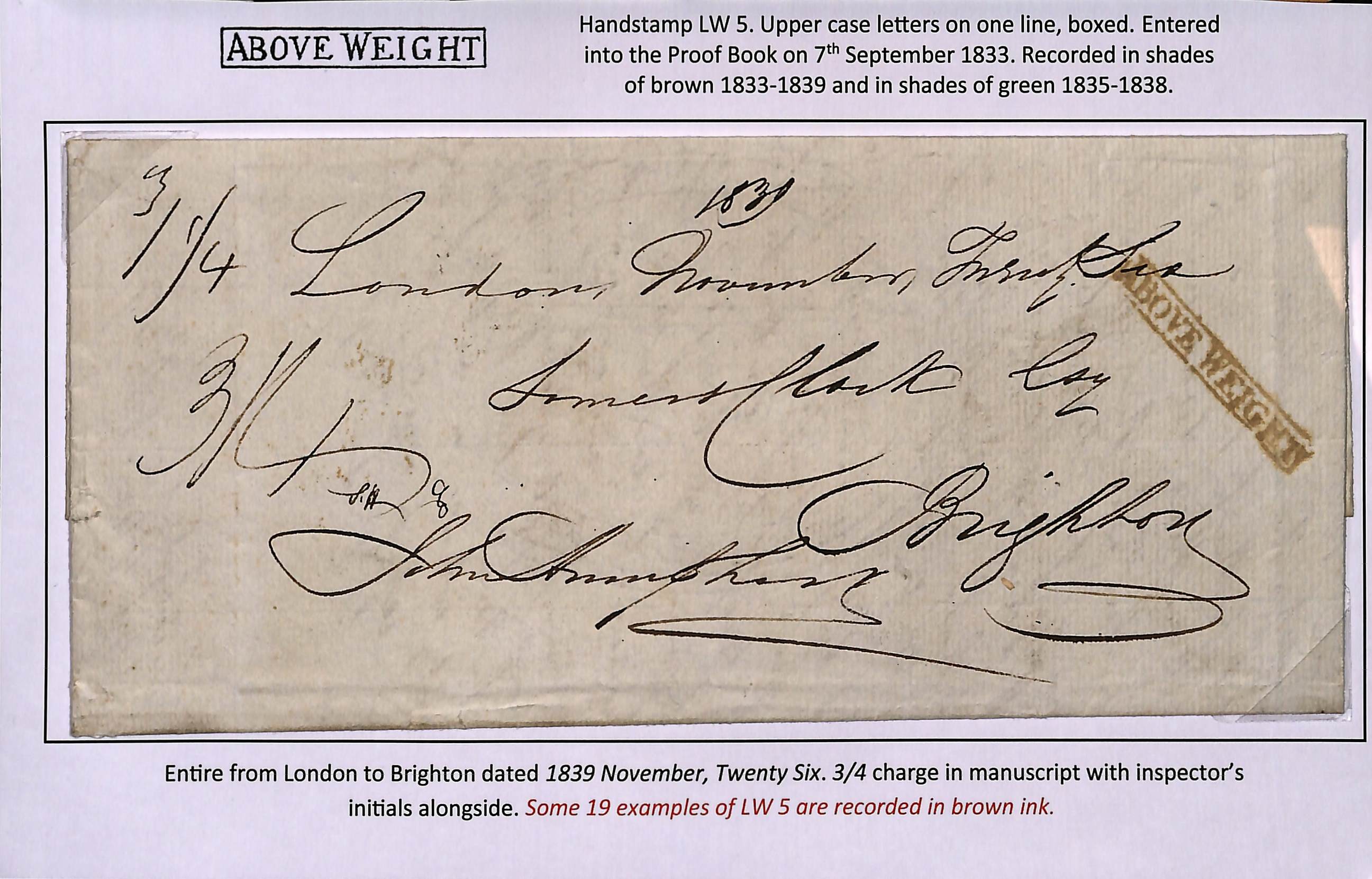 1839 (Nov 26) Entire letter from London to Brighton, charged 3/4, with boxed "ABOVE WEIGHT" in brown