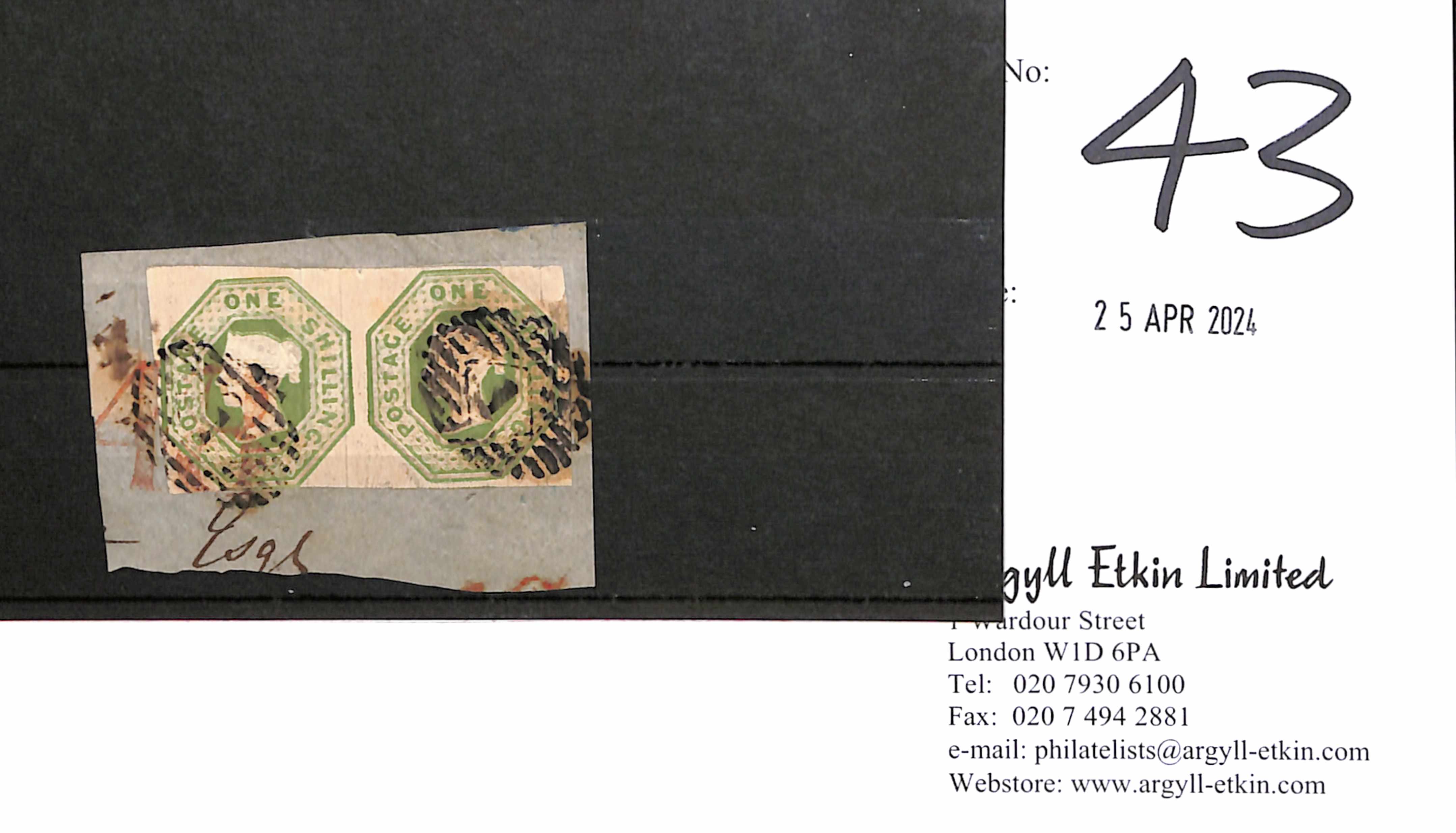 1847-54 Embossed 1/- green, horizontal pair used with London numeral cancels, the left stamp also