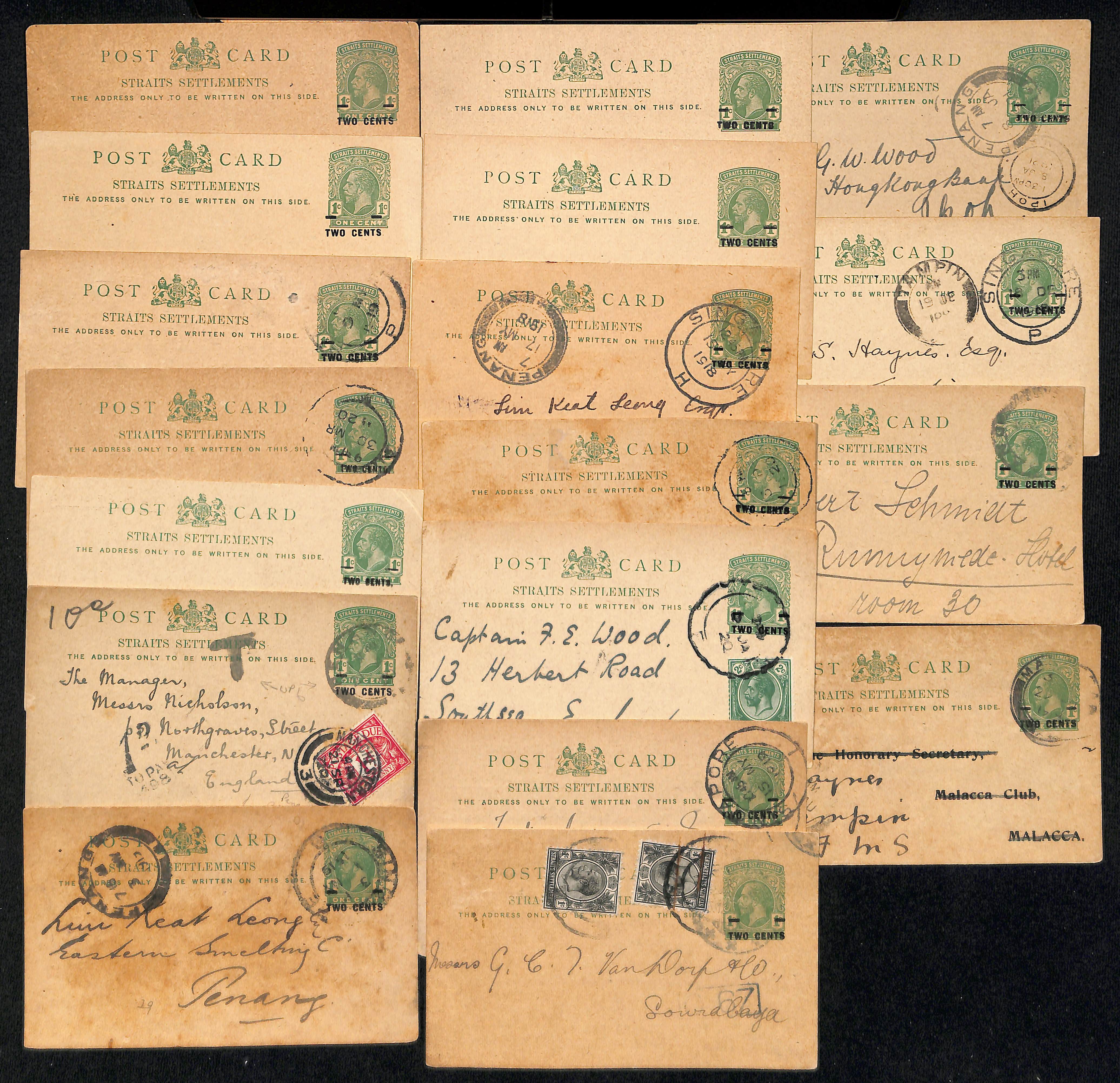 1917-20 2c on 1c Postcards unused (5) or used (13), two uprated 2c to England or Netherlands Indies,