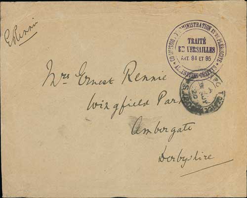 Allenstein. 1920 (July 31) Stampless cover from Ernest Rennie, President and British Commissioner of