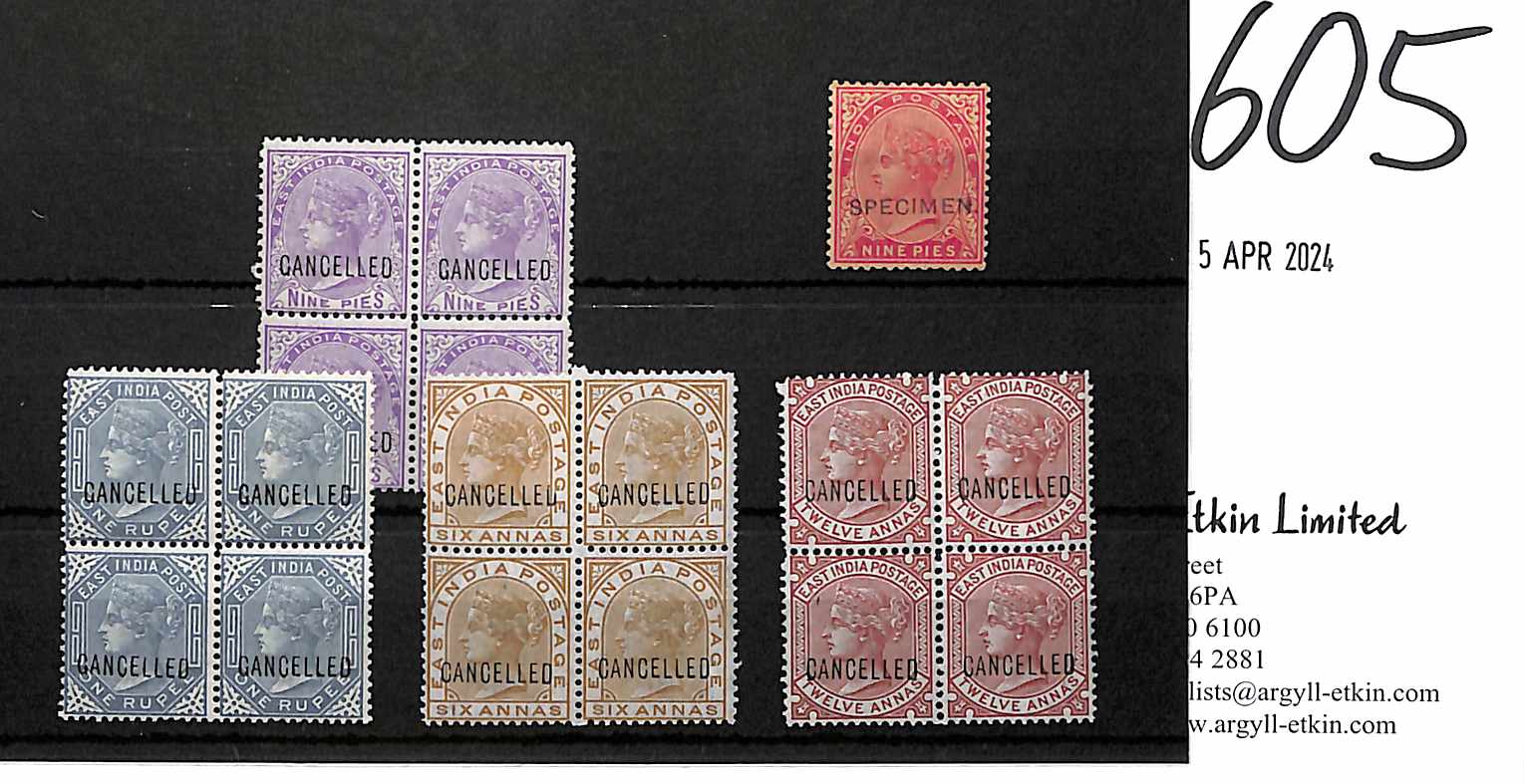 1874-76 9p, 6a, 12a and 1r Blocks of four all overprinted "CANCELLED" type D7, superb unmounted - Image 5 of 5