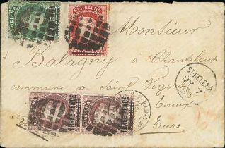 1889 (May 7) Cover to France, the 7½d rate paid by ½d + 1d + 3d vertical pair each tied by cork