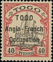 1914 (Sep) 3pf - 40pf and 80pf, Type 1 wide setting overprint, 25pf with notched "T" variety, all