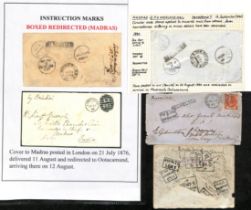 1867-1901 Covers from G.B to India franked 1/-, 10d, 5d or 1d, all redirected, handstamped "