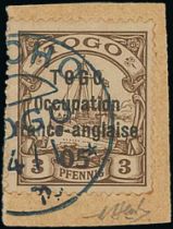 1915 (Jan.) 5pf on 3pf, Type 2 overprint, tied to piece by 1915 (Jan 4) Anecho c.d.s, "E.A" and "