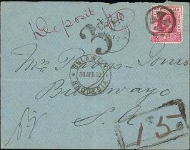 1902 (Apr 15) Cover to Bulawayo, Rhodesia, franked KEVII 1d cancelled by cross in circle cork cancel