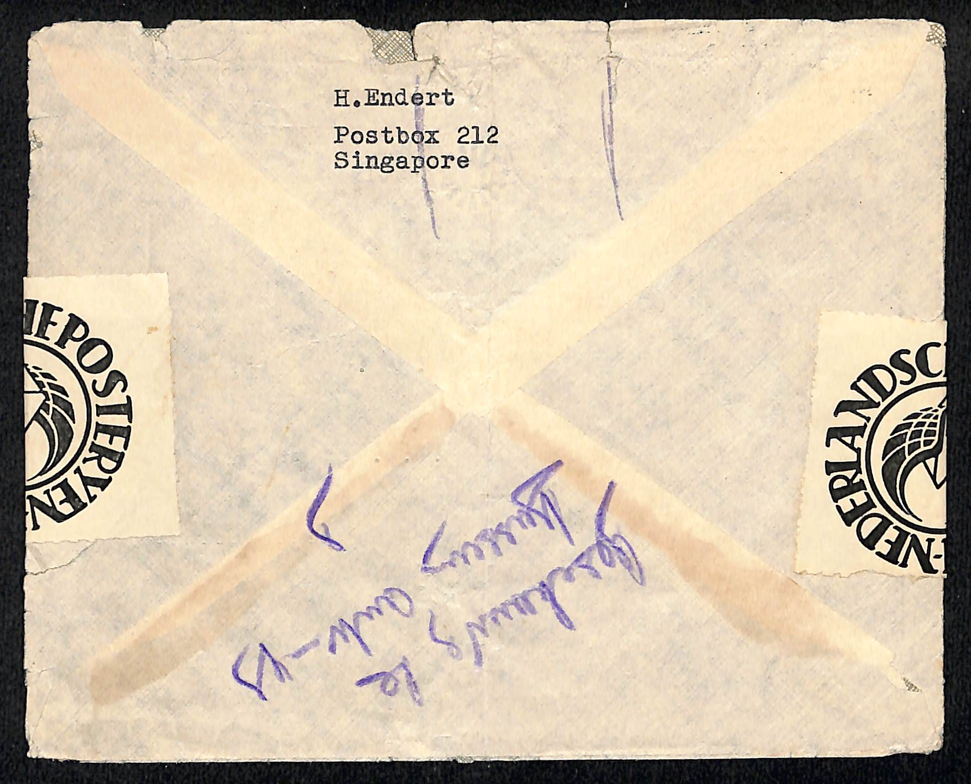 1946 (Nov. 5) Cover from Singapore to Holland franked B.M.A. 10c (2) + 50c pair tied by Singapore - Image 2 of 2