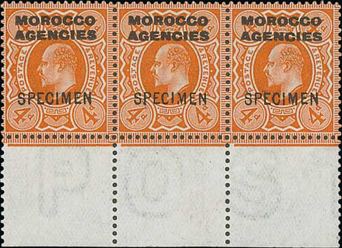 1913 KEVII Harrison 4d orange, unmounted marginal strip of three each overprinted "SPECIMEN" type