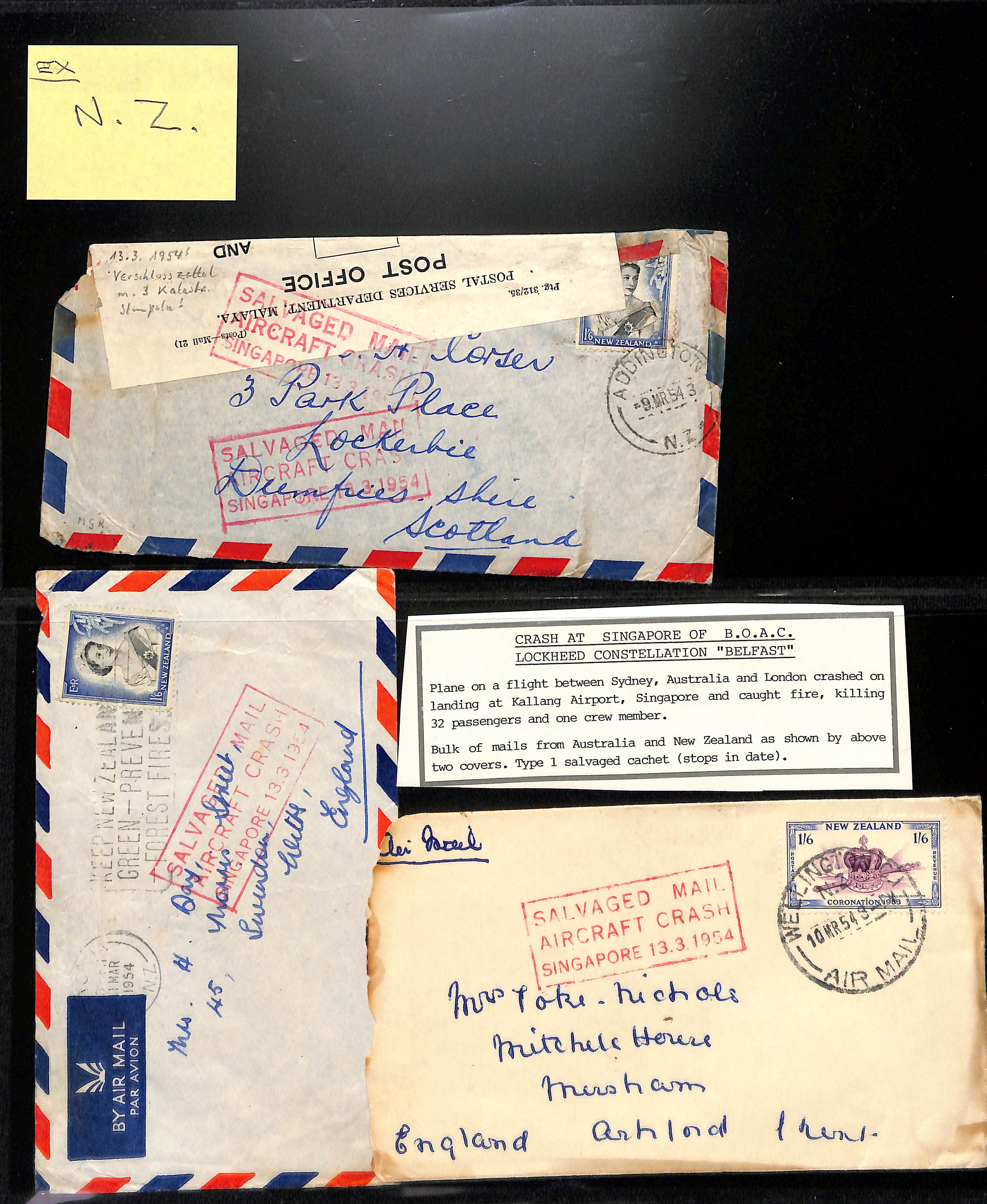 From New Zealand. 1954 (Mar. 9-11) Covers, two enclosed within white ambulance envelopes,