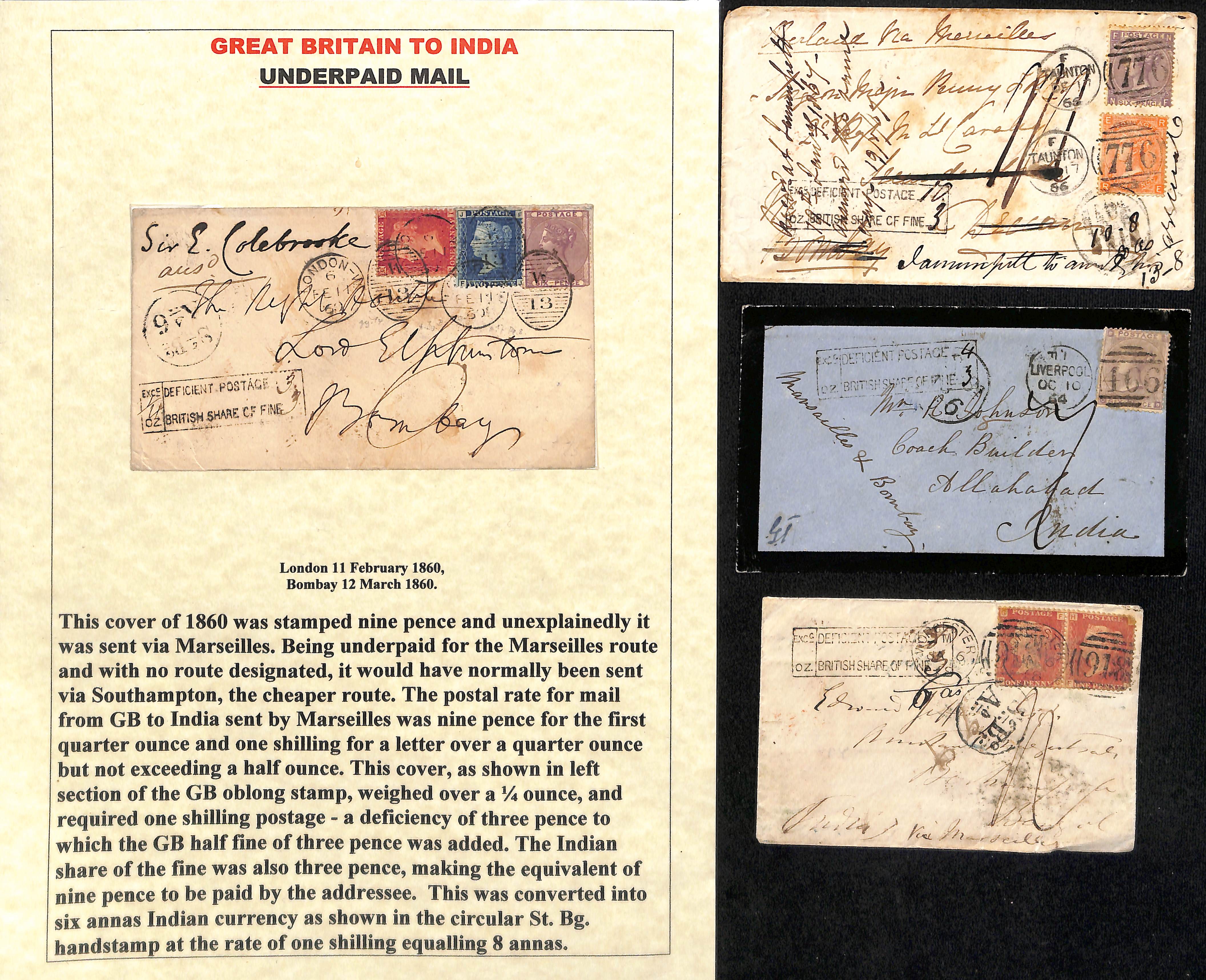 1860-68 Covers via Marseille charged the deficiency + 6d, with boxed "EXCG OZ / DEFICIENT
