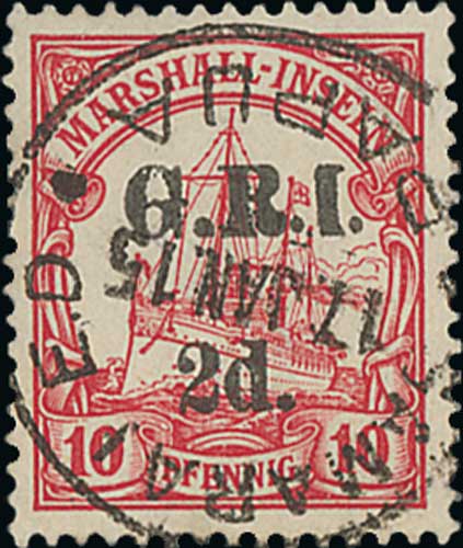 Used surcharges on Marshall Islands stamps, comprising 2d on 10pf unusually with a c.d.s of Samarai,