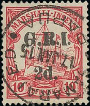 Used surcharges on Marshall Islands stamps, comprising 2d on 10pf unusually with a c.d.s of Samarai,