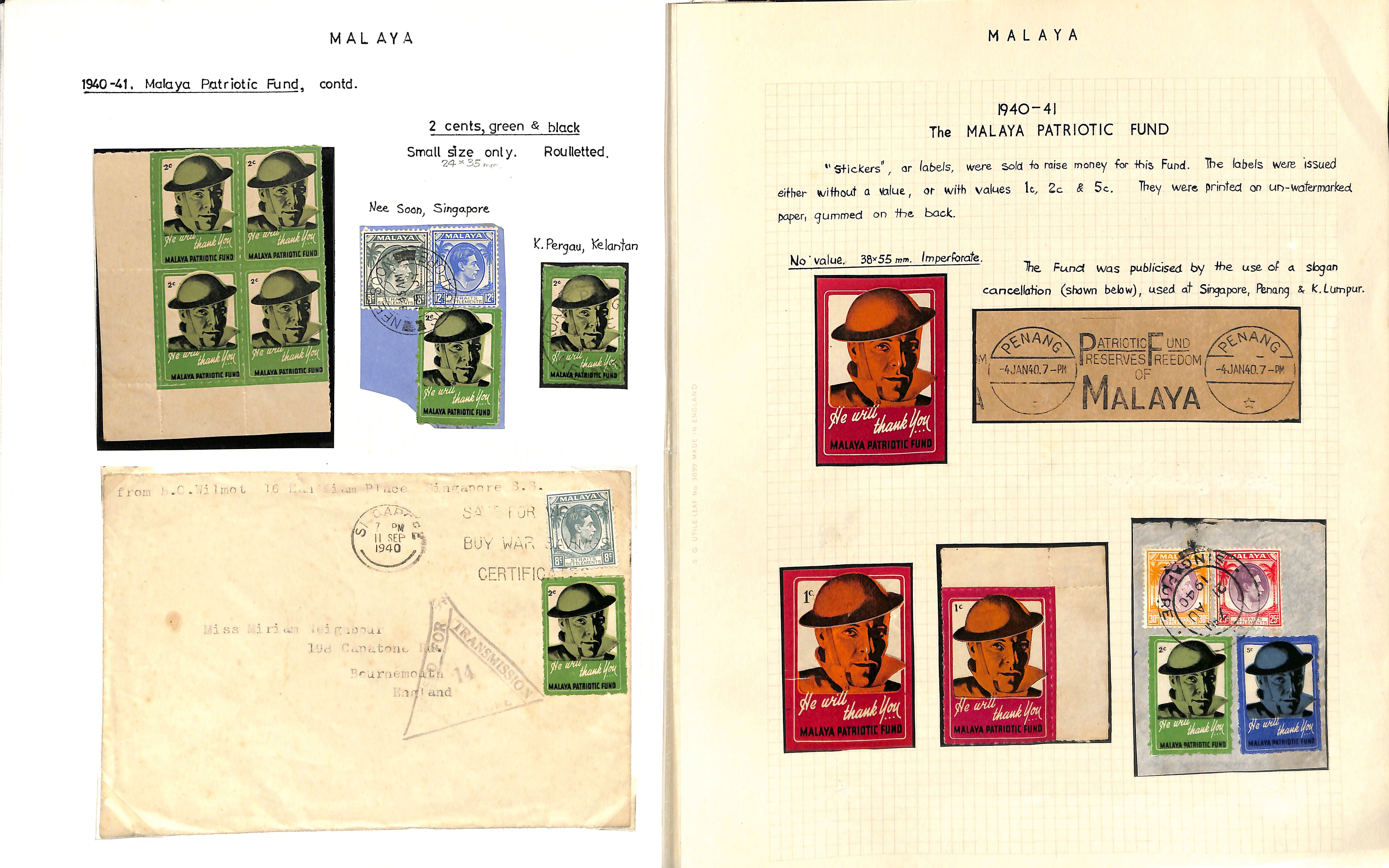 1940-41 Malaya Patriotic Fund, selection comprising large size labels without value mint or on a