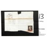 1840 (Sep 24) Large piece bearing 1d black OG plate 4, good to large margins, cancelled by a