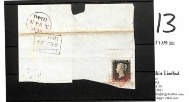 1840 (Sep 24) Large piece bearing 1d black OG plate 4, good to large margins, cancelled by a