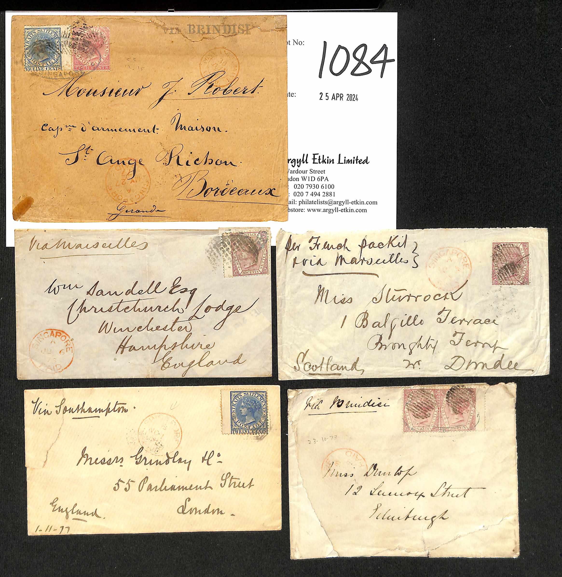 1873-77 Covers to England bearing Crown CC 12c, 30c (2 covers) or 30c pair, or to France franked