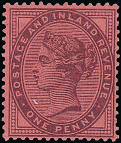 1881 1d Die II, Perf 14 colour trial in purple on pink paper, superb mint, scarce. S.G. £3,000.