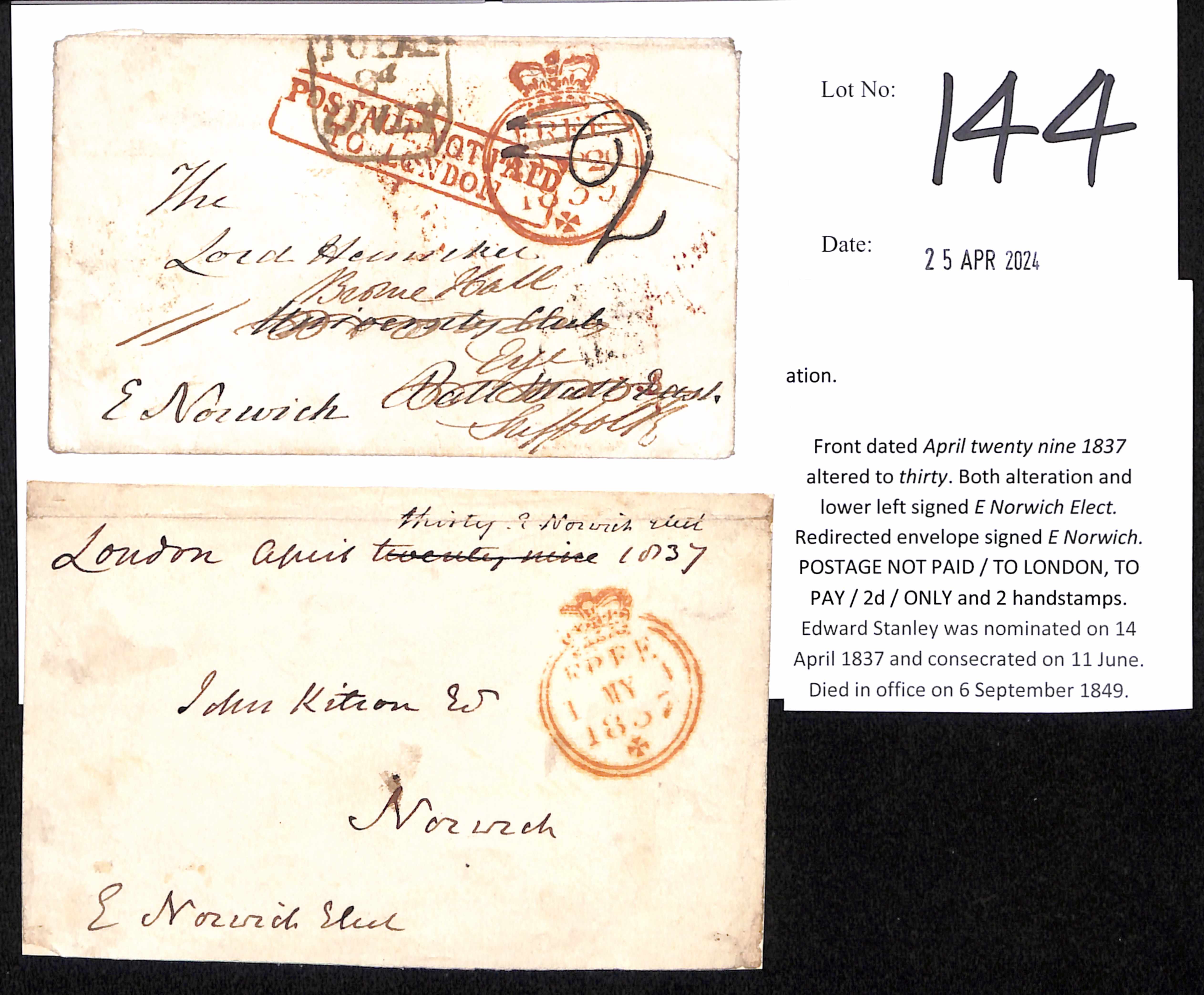 1837-39 Front and envelope from the Bishop of Norwich, the front posted on April 30 1837 during