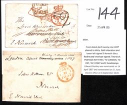 1837-39 Front and envelope from the Bishop of Norwich, the front posted on April 30 1837 during
