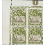 1922 10/- Grey and Olive-green, upper left corner plate block of four, superb unmounted mint, very