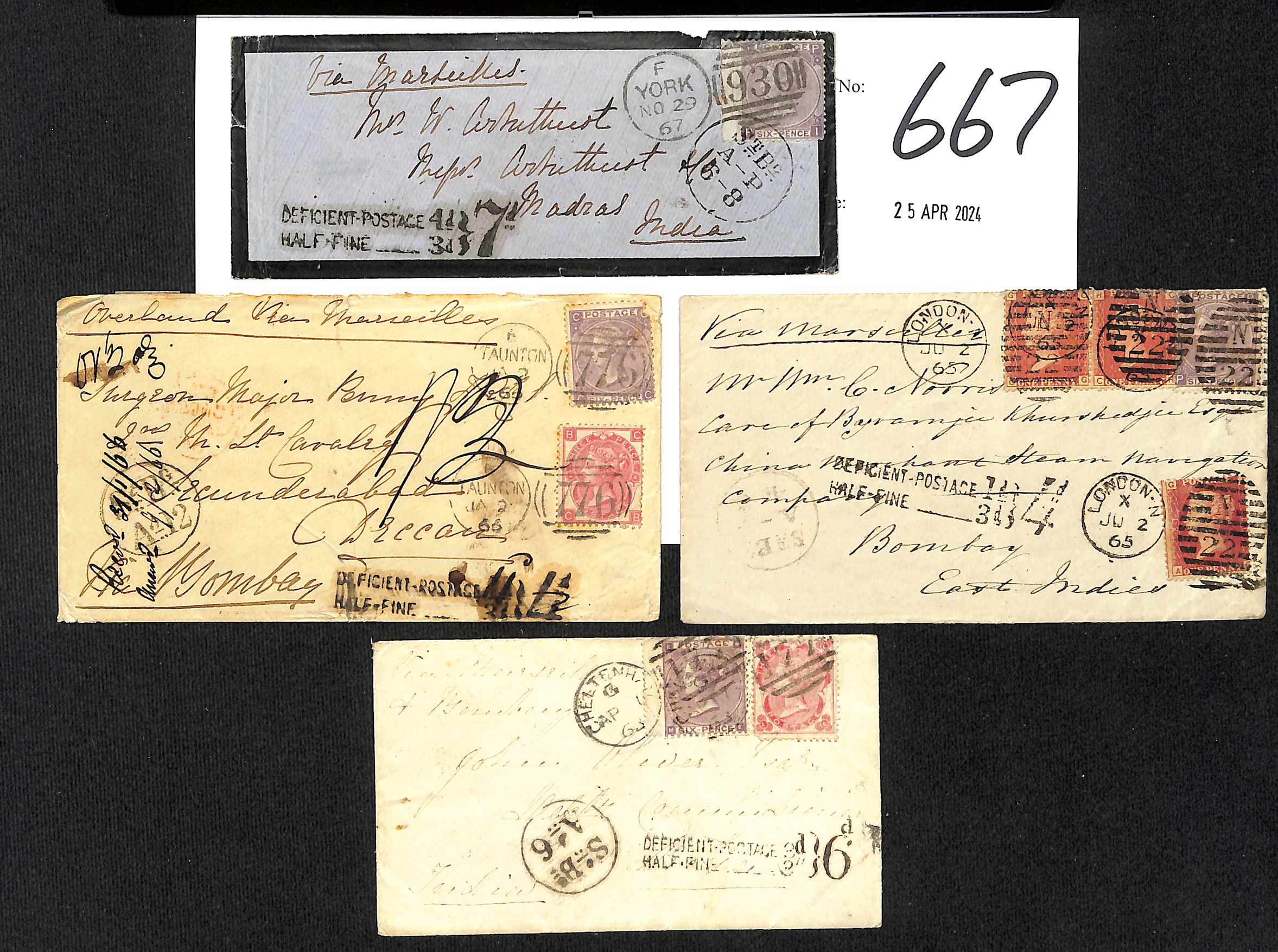 1863-67 Covers via Marseille charged the deficiency + 6d, with unframed "DEFICIENT POSTAGE / HALF