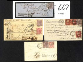 1863-67 Covers via Marseille charged the deficiency + 6d, with unframed "DEFICIENT POSTAGE / HALF