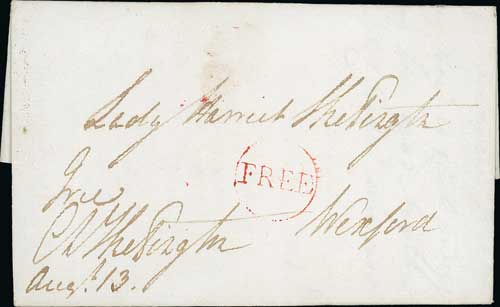 c.1787 Entire letter from Dublin to Lady Harriet Thessington, Wexford, signed "Free, Ch.