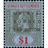 1922 Malaya-Borneo Exhibition, Multiple Crown CA $1, variety no stop, mint, hinge remainder,