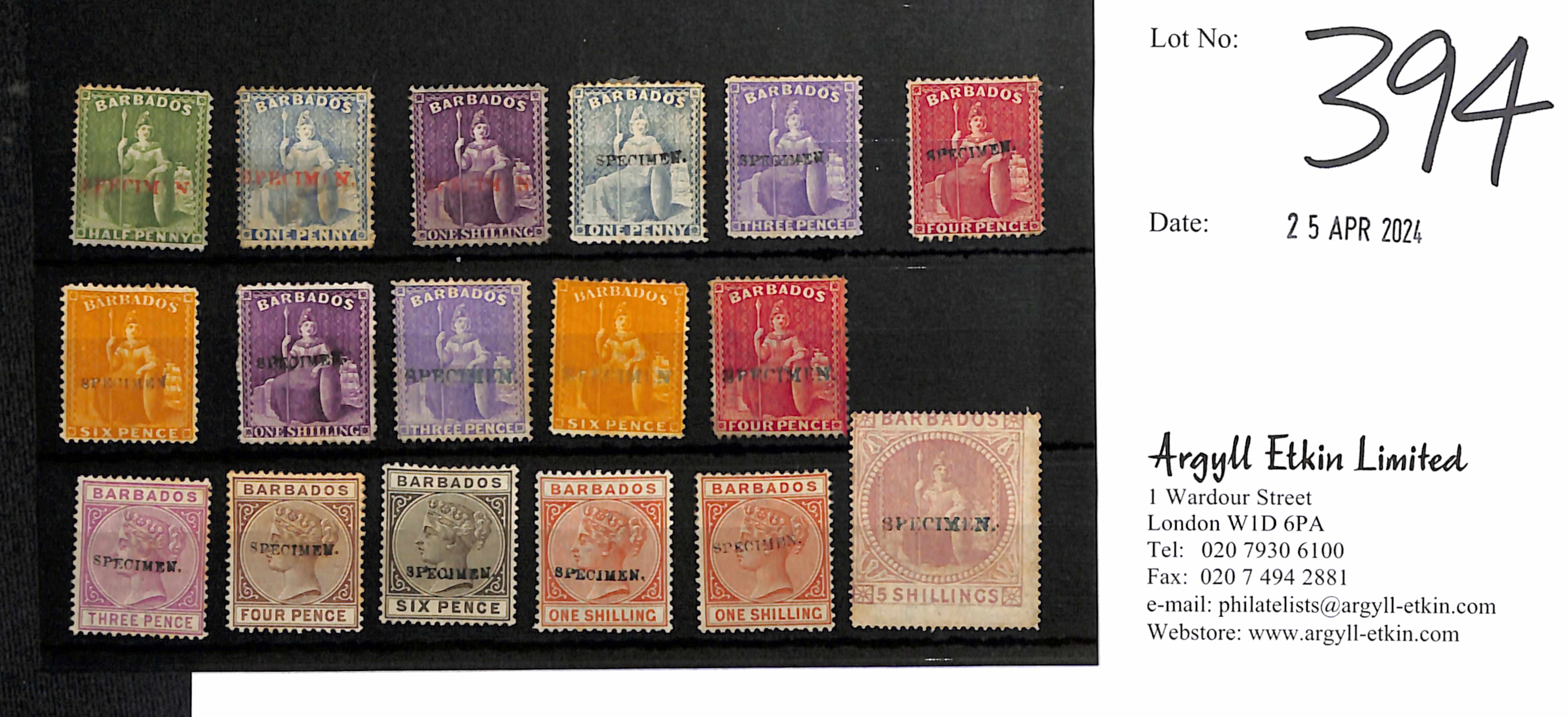 1873-86 Issues with locally applied "SPECIMEN" handstamps, comprising 1873 5/- with handstamp BAR1