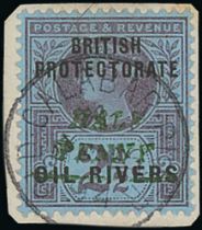 1893 (Dec) ½d on 2½d, Type 10 surcharge in green, tied to small piece by violet Old Calabar River