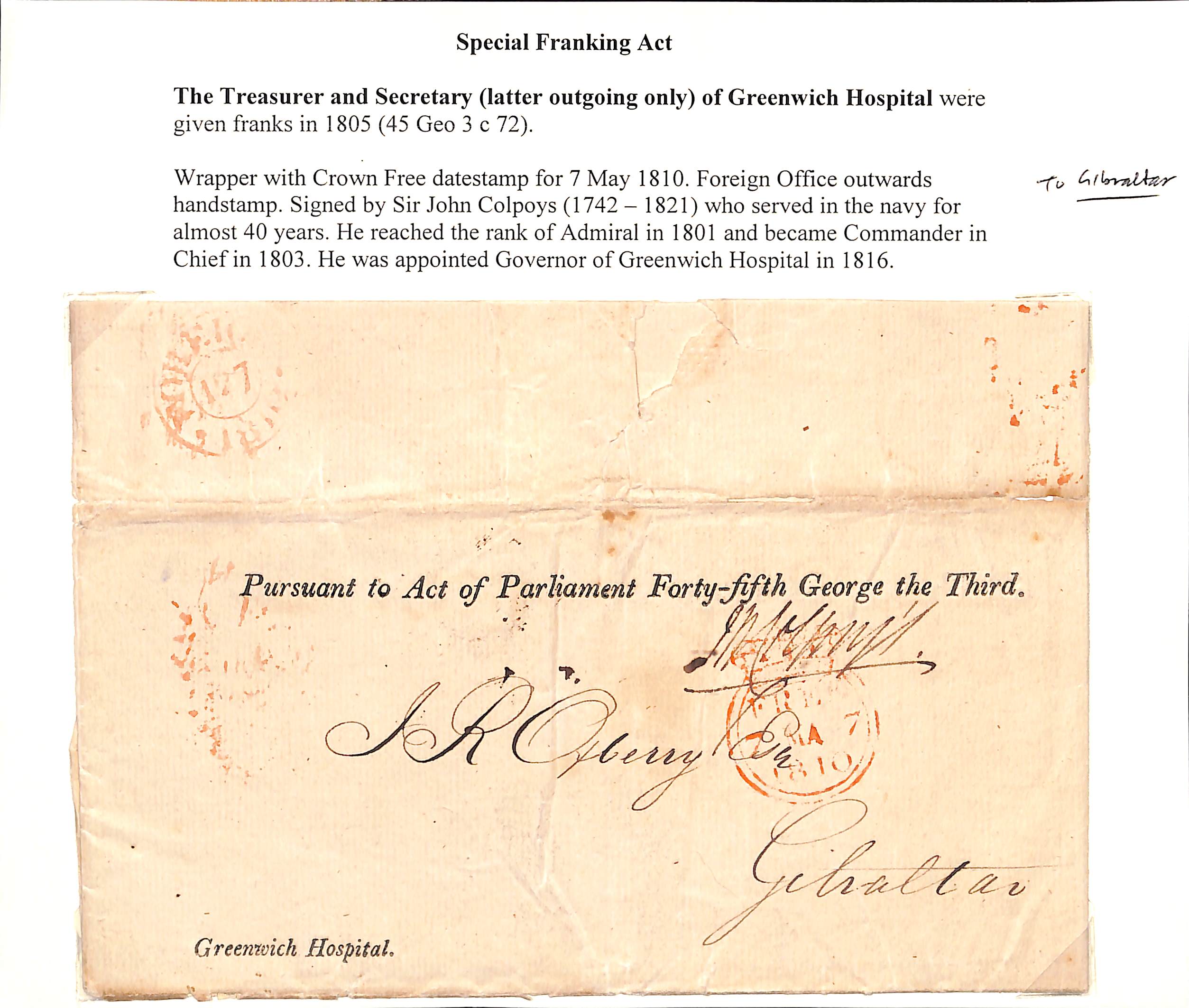 Greenwich Hospital/Gibraltar. 1810 (May 7) Printed Greenwich Hospital lettersheet addressed to