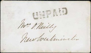c.1864 Stampless cover sent locally in New Westminster, handstamped "UNPAID", fine and scarce. Photo