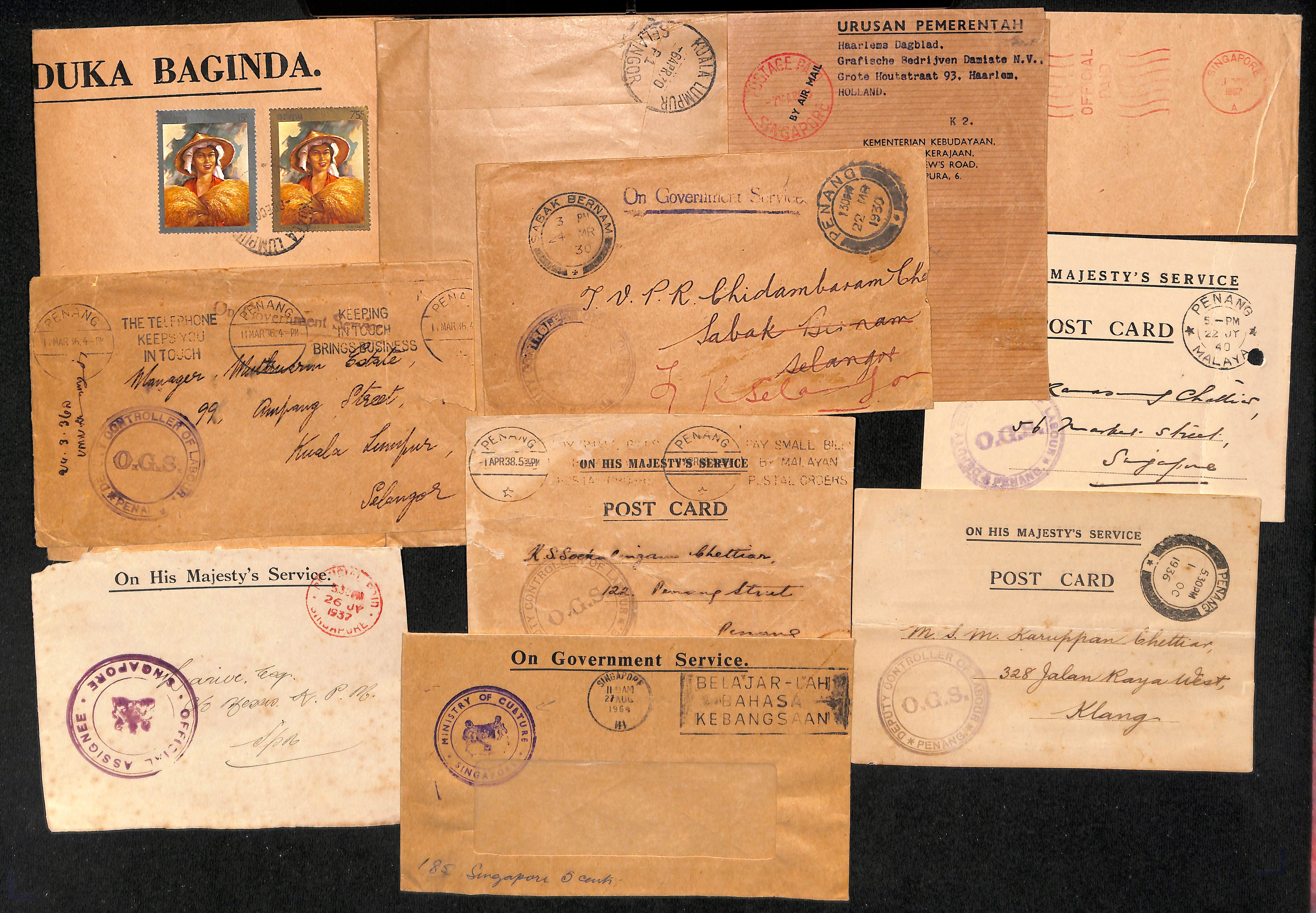 1930-86 Official mail from Singapore, Penang and other Malayan states, mainly stampless, various - Image 4 of 12