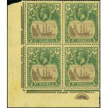 1927 5/- Grey and green on yellow, watermark Multiple Script CA, lower left corner plate block of