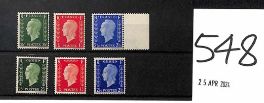 1942 Unissued 25c green, 1f red and 2f.50 blue "Marianne" stamps printed by Harrison & Sons, both