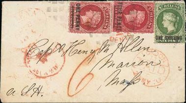 1870 (Apr 28) Cover to the USA, the 1/5 packet rate paid by 1d + 4d + 1/- (S.G. 7, 14, 18) tied by