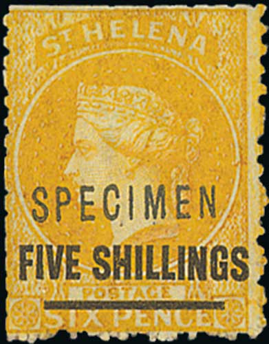 1868 5/- Orange, three examples with "SPECIMEN" overprint, types D11, SH1 or SH2, all mint with part