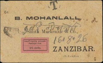 1926 (July 21) Stampless cover from India to Zanzibar backstamped at Sisendi, Lucknow and
