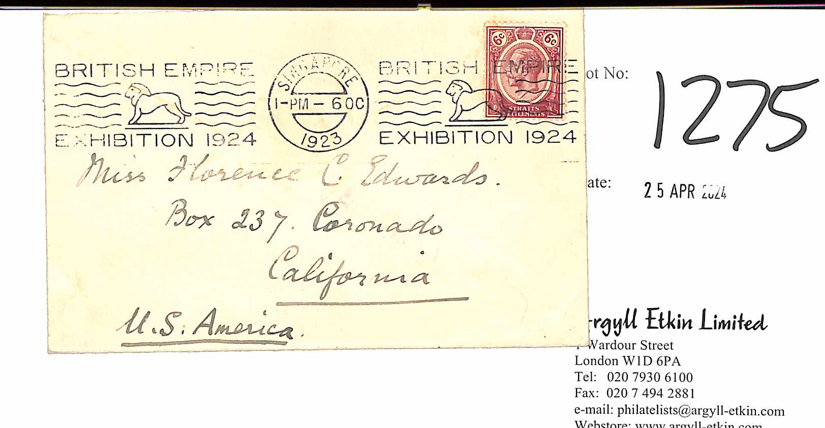 British Empire Exhibition. 1923 (Oct) Cover to USA franked 6c, cancelled by the Singapore "BRITISH
