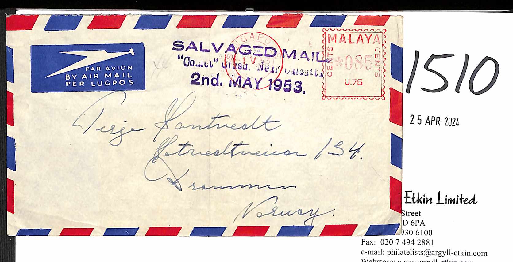 1953 (May 1) Cover from Singapore to Norway with 85c meter, fine large cachet (Calcutta spelt with a