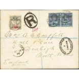 1896 (Oct 21) Registered cover from Old Calabar to Wales franked 2d + 2½d pair each cancelled by the