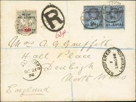 1896 (Oct 21) Registered cover from Old Calabar to Wales franked 2d + 2½d pair each cancelled by the